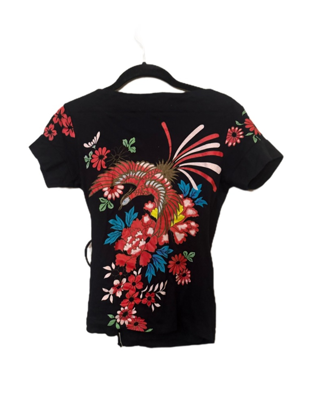 Y2K Black Floral Wrap Top with Red Daisy Details and Bold Bird Print on Back